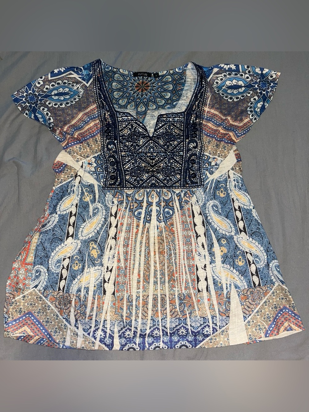 Apt. 9 Blue Multi Paisley Embroidered Boho Tunic